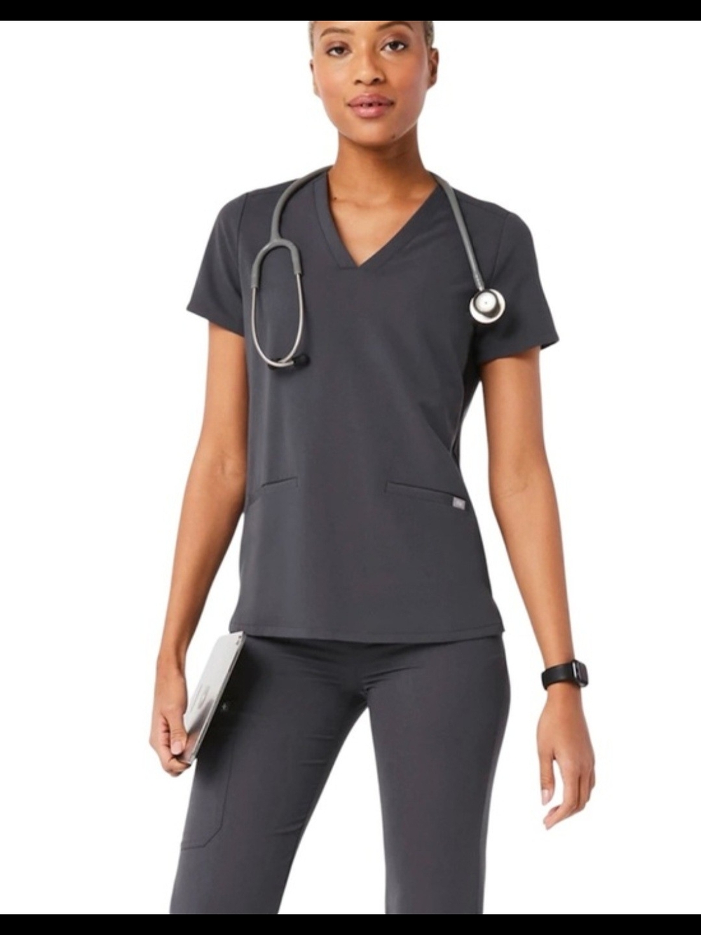 Figs Short Sleeve V-Neck Scrub Top in Charcoal Gray